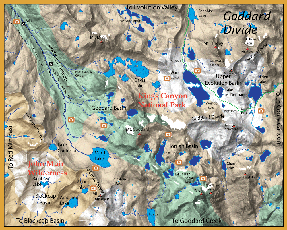Topographic map of Kings Canyon National Park with Goddard Divide, Wanda Lake, and surrounding basins and wilderness areas