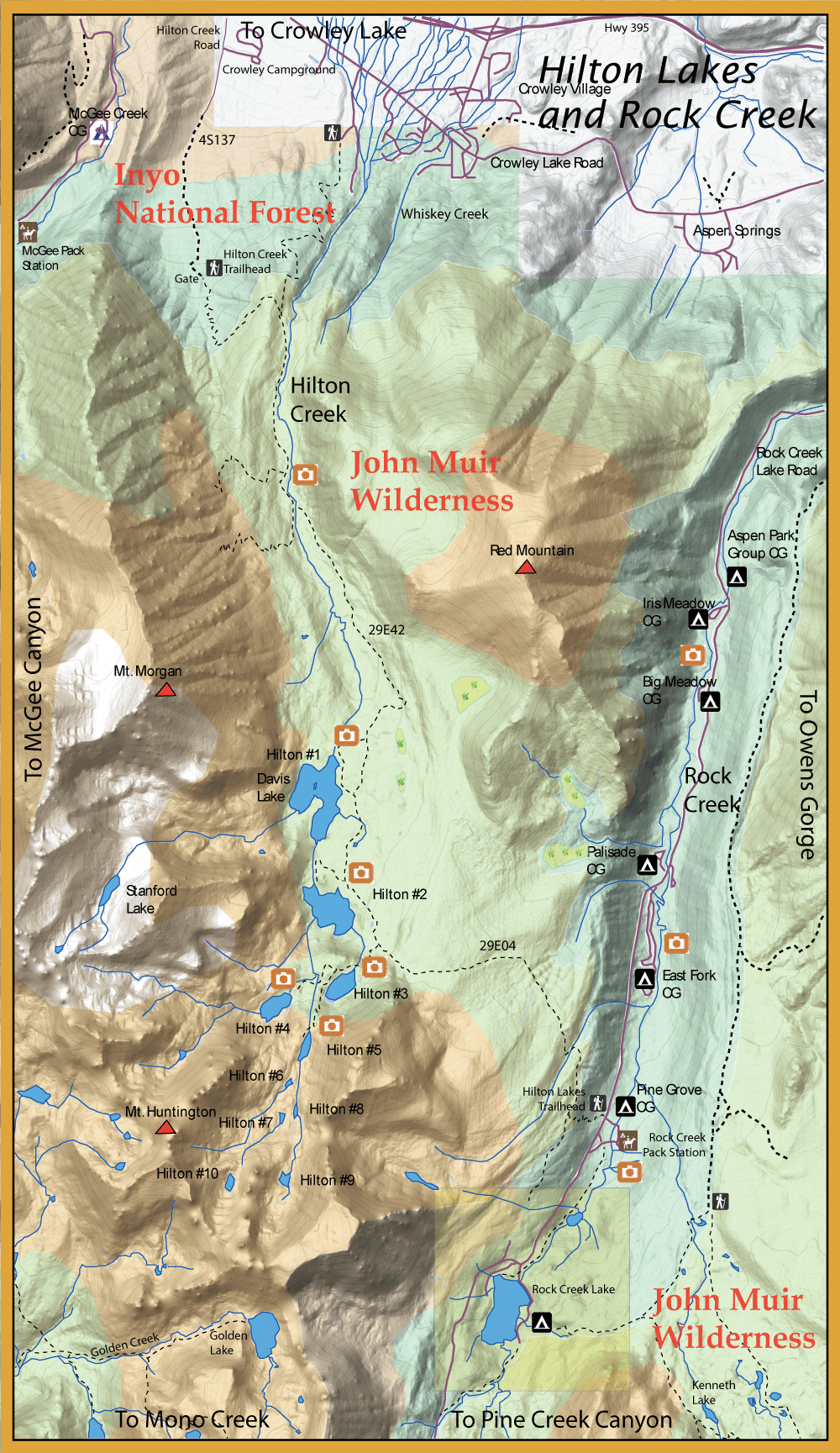 Topographic map of John Muir Wilderness in Inyo National Forest, showing Hilton Creek, Hilton Lakes, Red Mountain, and surrounding trails.