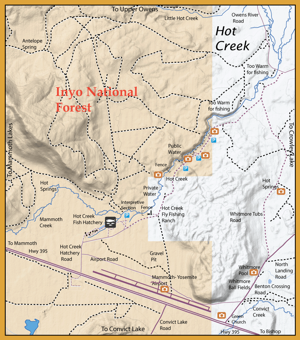 Informational map of Inyo National Forest highlighting hot springs, roads, trails, fences, parking icons, and Mammoth–Yosemite Airport.