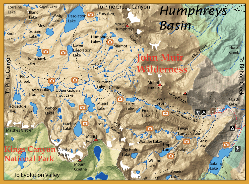 Topographic map of John Muir Wilderness in Kings Canyon National Park, showing lakes, peaks, trails, and orange camera icons marking viewpoints.