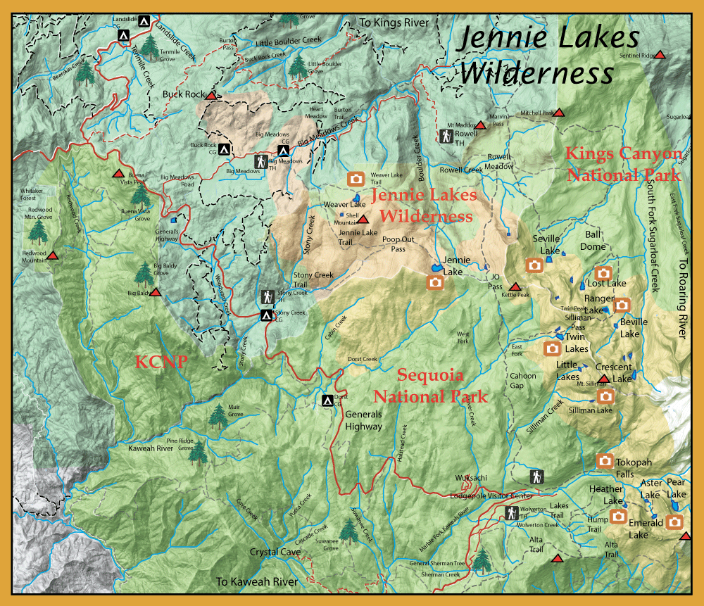 Topographic map of Jennie Lakes Wilderness in the Sierra Nevada, showing nearby Kings Canyon and Sequoia National Parks, with trails, lakes, rivers, and campsites marked.