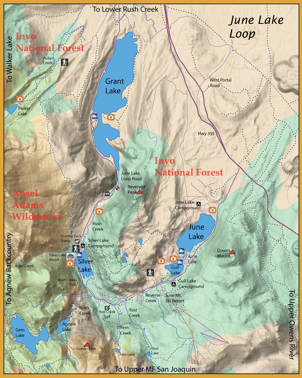 Topographic map of the June Lake area showing Inyo National Forest, Grant Lake, June Lake, Silver Lake, roads, trails, and campgrounds.