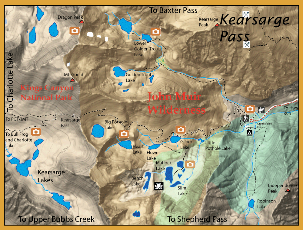 Topographic map of John Muir Wilderness showing surrounding peaks, lakes (Golden Trout, Heart, Little), passes (Kearsarge, Shepherd), and trails with campsite and photo icons.