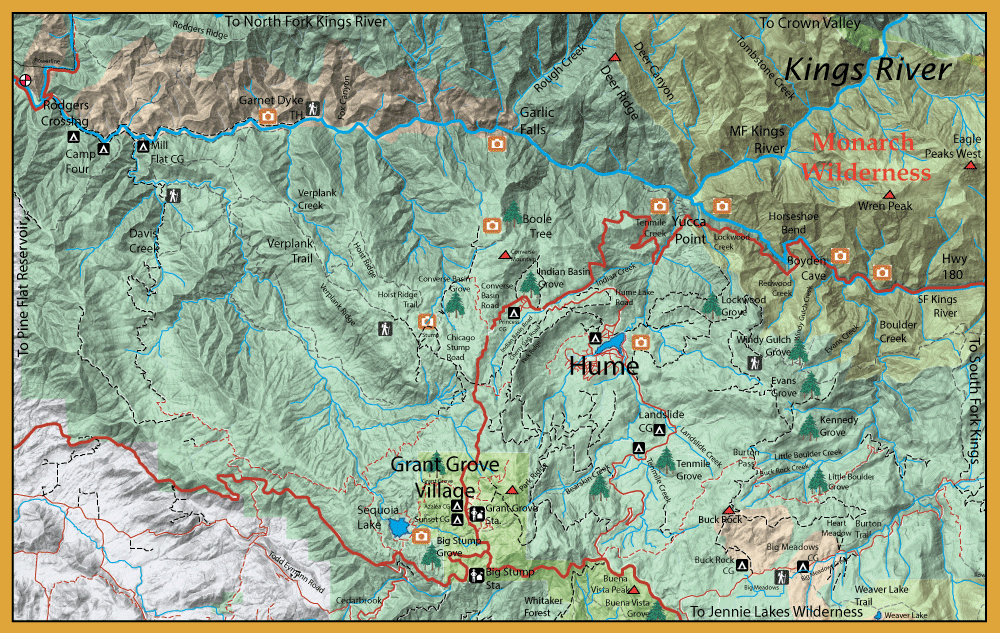 Topographic map of the Kings River region showing Monarch Wilderness, Hume, Grant Grove Village, trails, and water features.