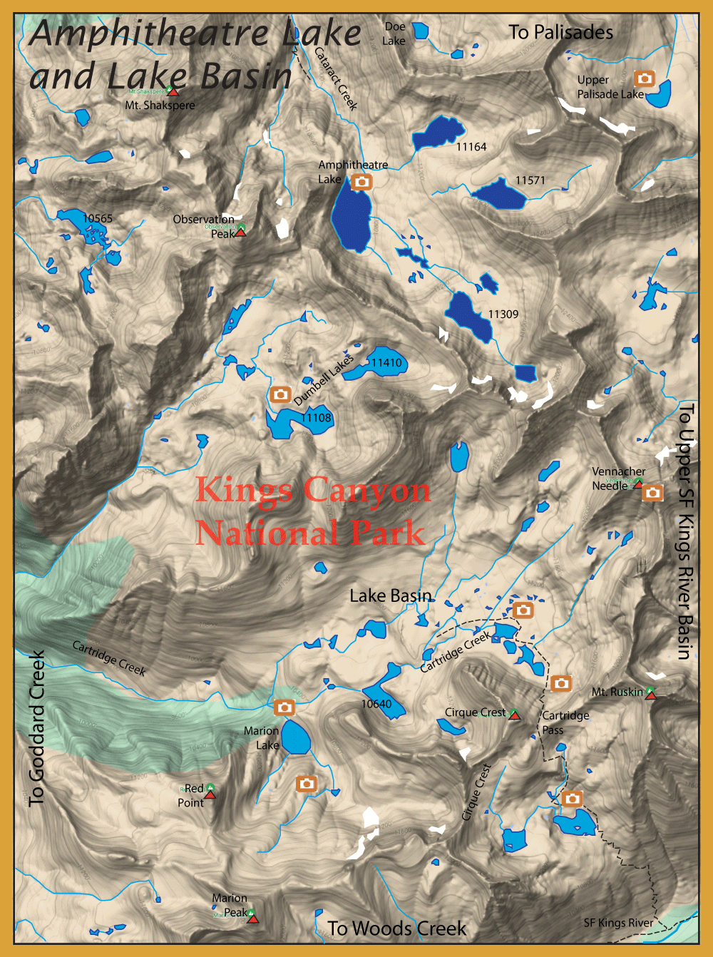 Topographic map of Kings Canyon National Park with contour shading and blue lakes, labeled features (Amphitheatre Lake, Lake Basin, Dumbbell Lakes, Marion Lake), orange camera icons marking viewpoints, and roads/trails labeled around Cirque Crest and the Kings River area.