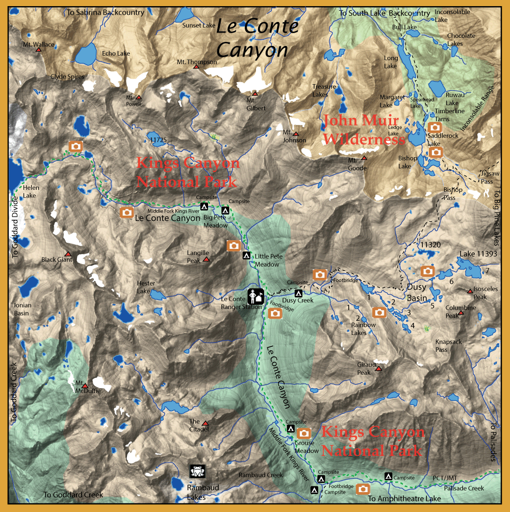 Topographic map of Kings Canyon National Park and John Muir Wilderness showing trails, lakes, campsites, and camera icons.