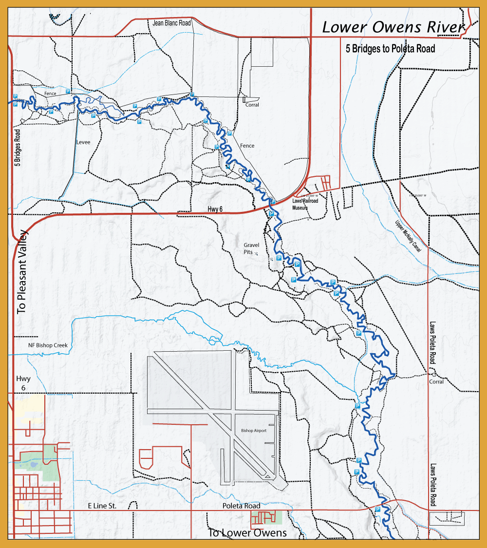 Map of the Lower Owens River area with the blue river meandering through roads, highways, and the Bishop Airport nearby.