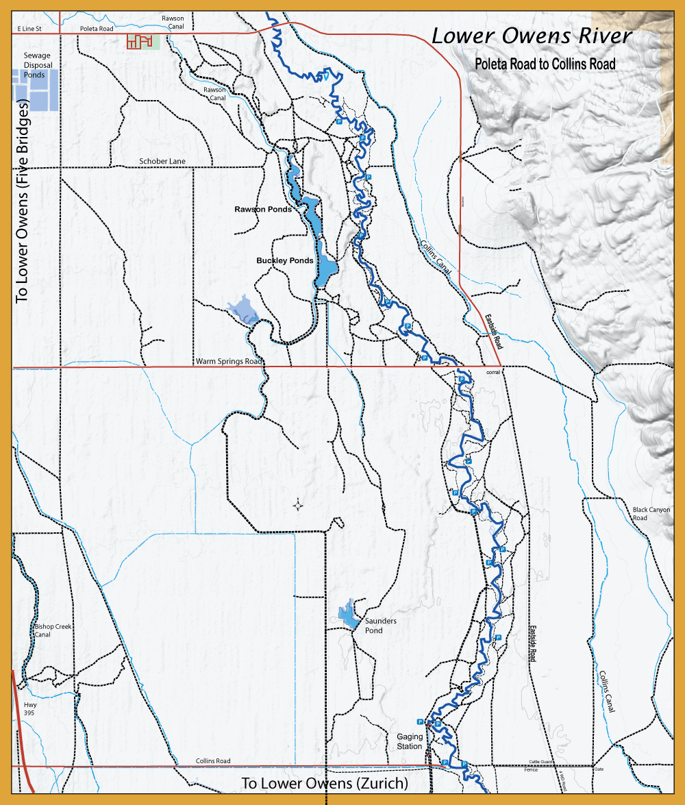 Map of Lower Owens River area with a blue winding river, surrounding roads, canals and ponds labeled around Rawson and Collins regions