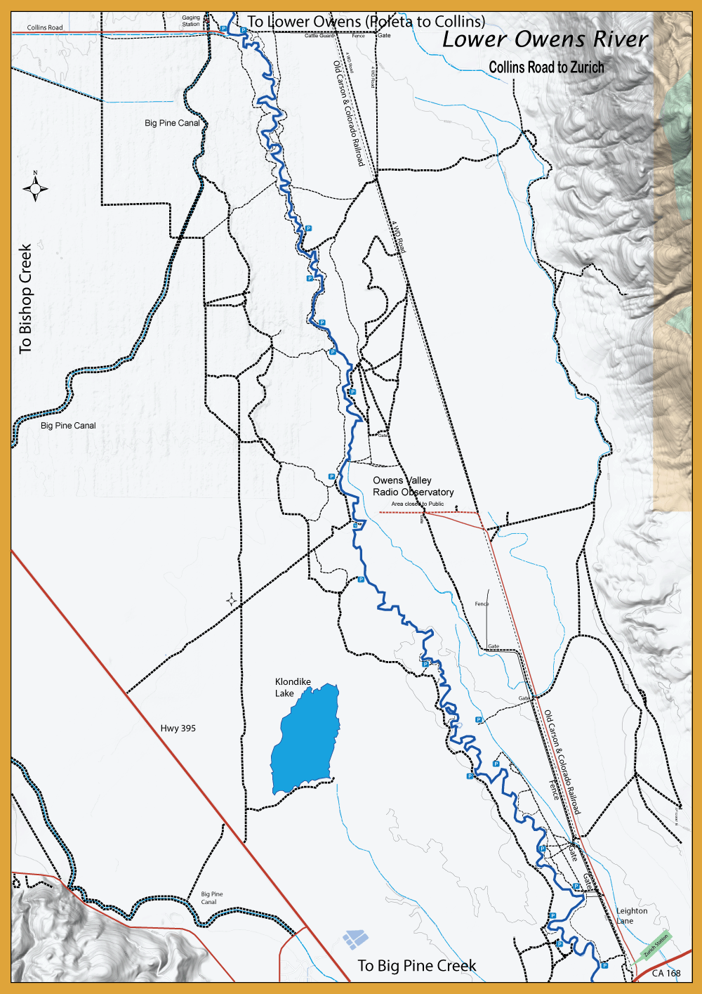 Map of the Owens River valley showing the river, Klondike Lake, the Owens Valley Radio Observatory, major roads, and surrounding terrain.