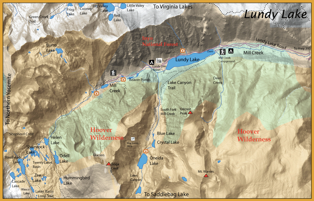 Topographic map of Lundy Lake area with Hoover Wilderness, showing trails, campsites, and nearby lakes.