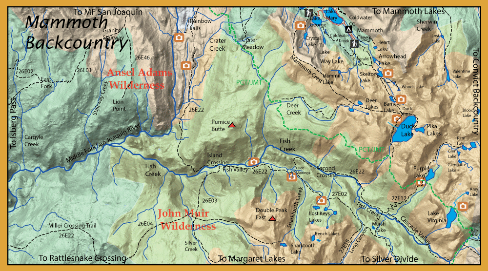 Topographic map of Mammoth Backcountry showing Ansel Adams and John Muir Wilderness with trails, lakes, and camp icons