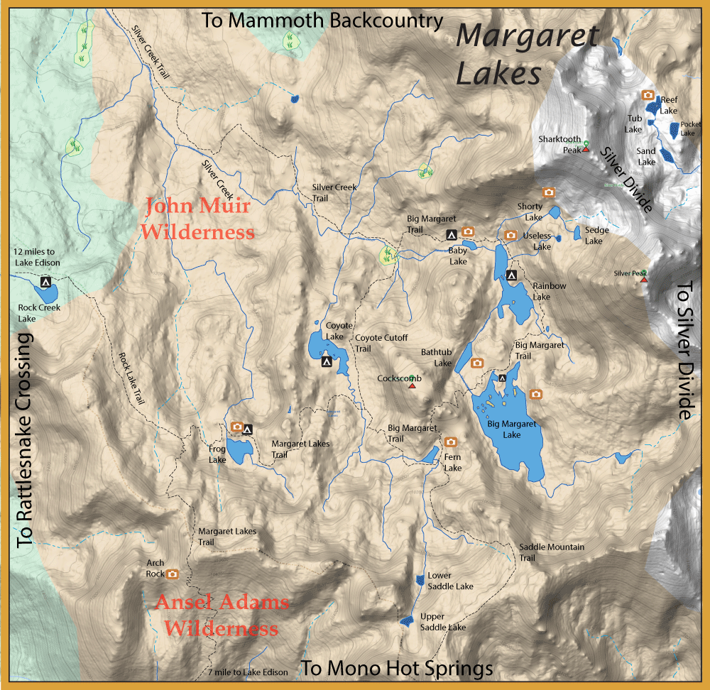 Topographic map of John Muir Wilderness with lakes, trails, and ridges labeled, including Big Margaret Lake and Rainbow Lake.