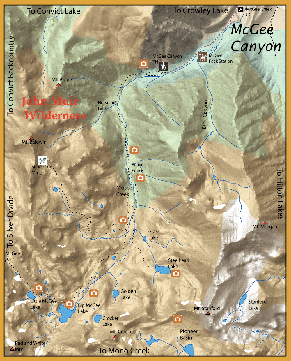 Topographic map of John Muir Wilderness showing McGee Canyon, lakes, peaks, trails, and camera points.
