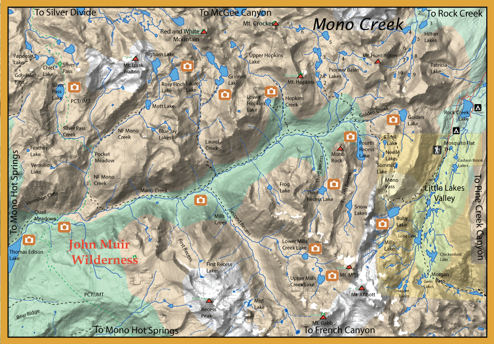 Topographic map of John Muir Wilderness showing lakes, trails, peaks, and photo-point icons in orange