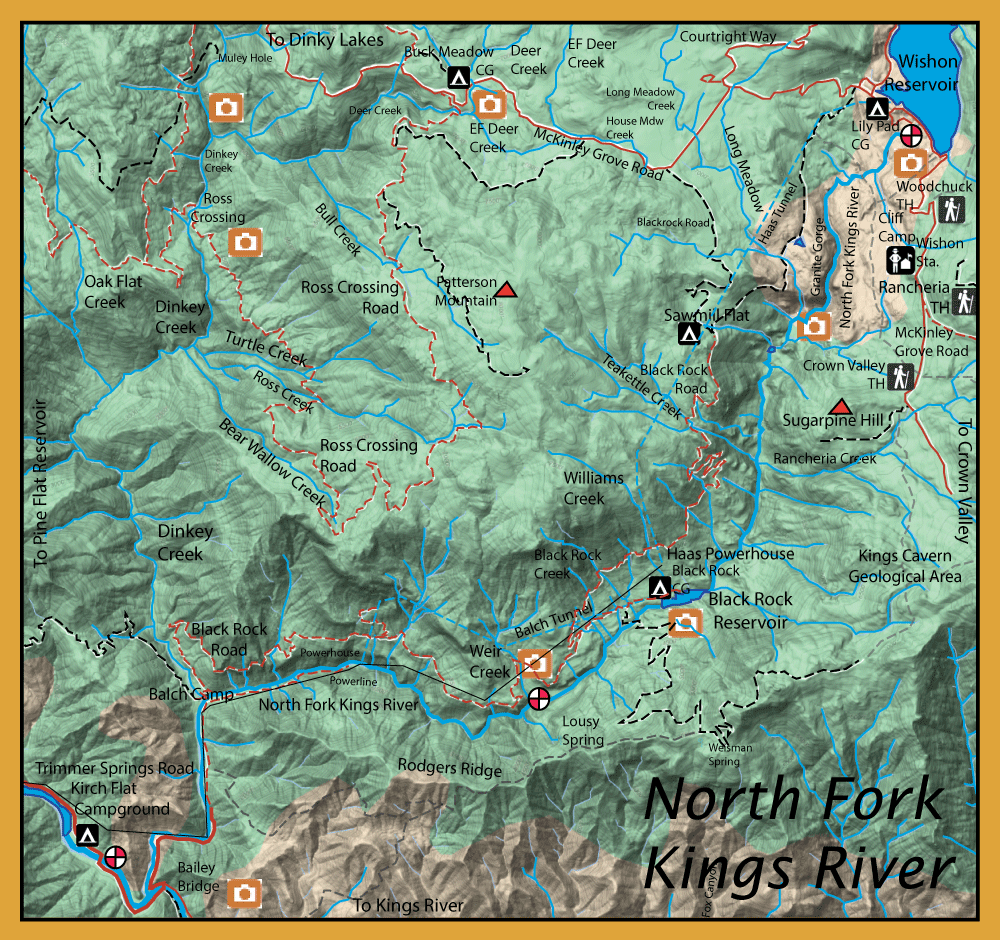 Topographic map of North Fork Kings River area showing trails, campsites, reservoirs, and geographic features with elevation shading and legend icons throughout the terrain border.