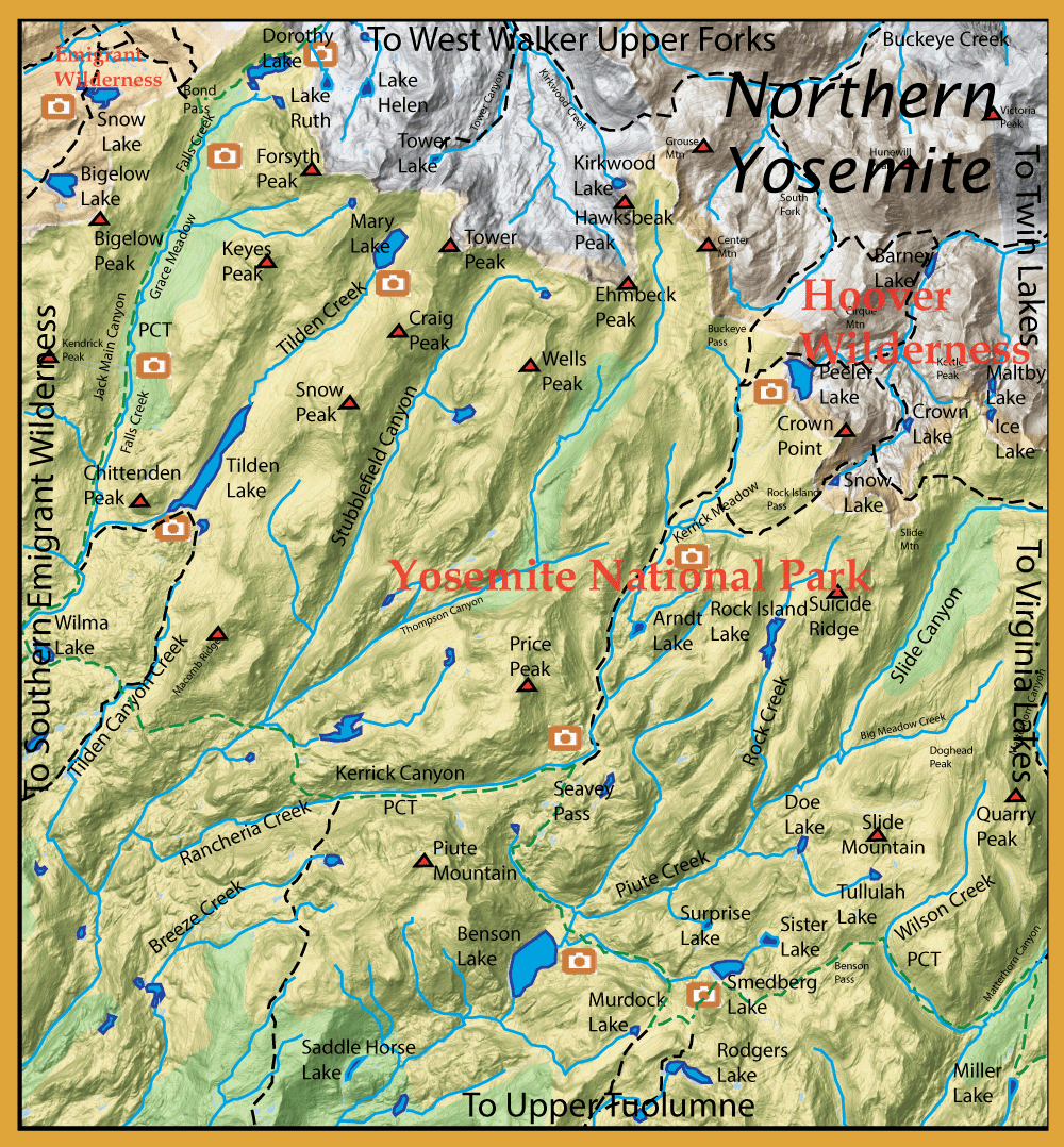 Topographic map of Yosemite National Park region with labeled peaks, lakes, rivers, and wilderness boundaries.