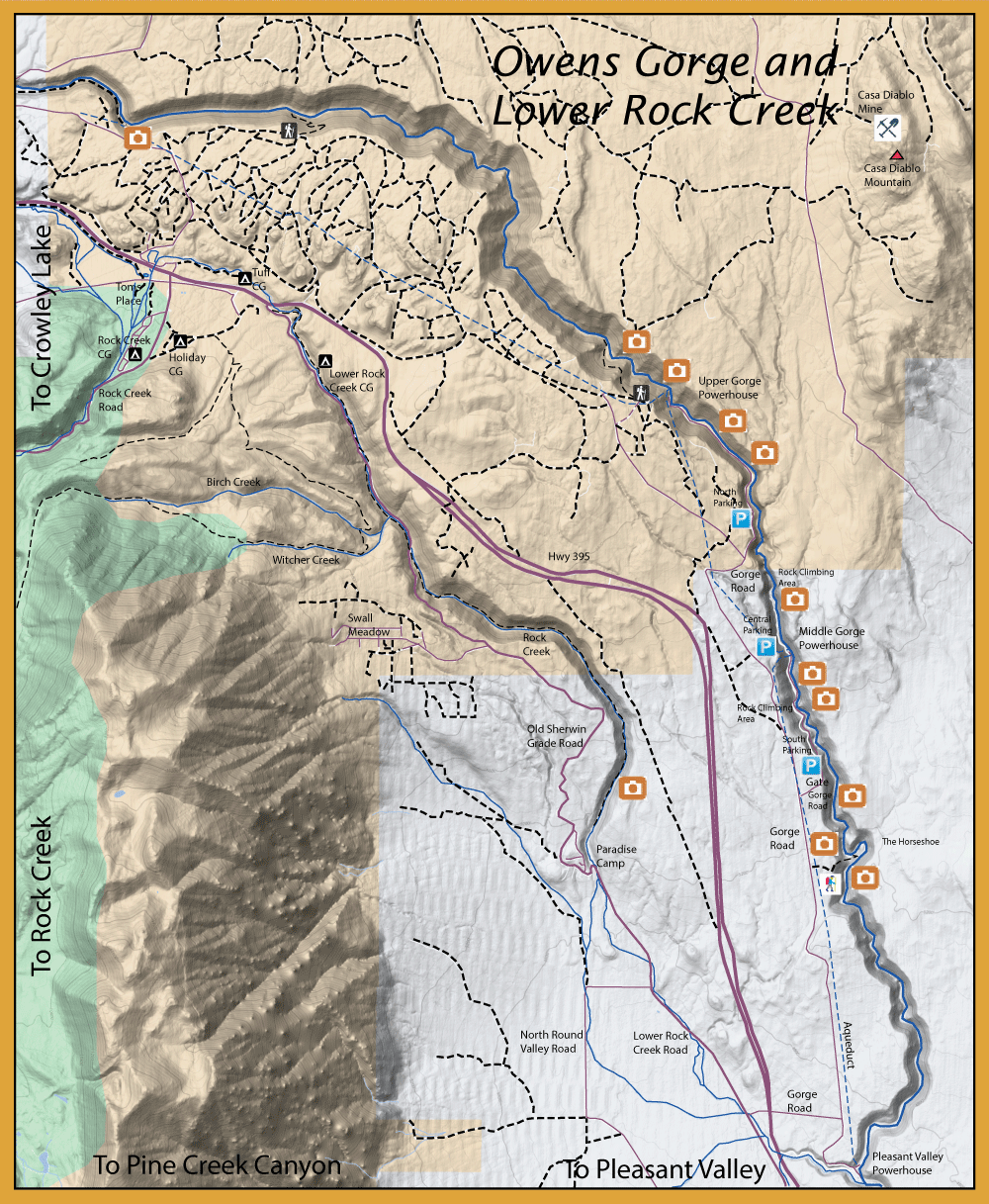 Topographic map of Owens Gorge and Lower Rock Creek showing trails, roads, the river, and orange camera icons marking photo viewpoints; blue P icons mark parking.