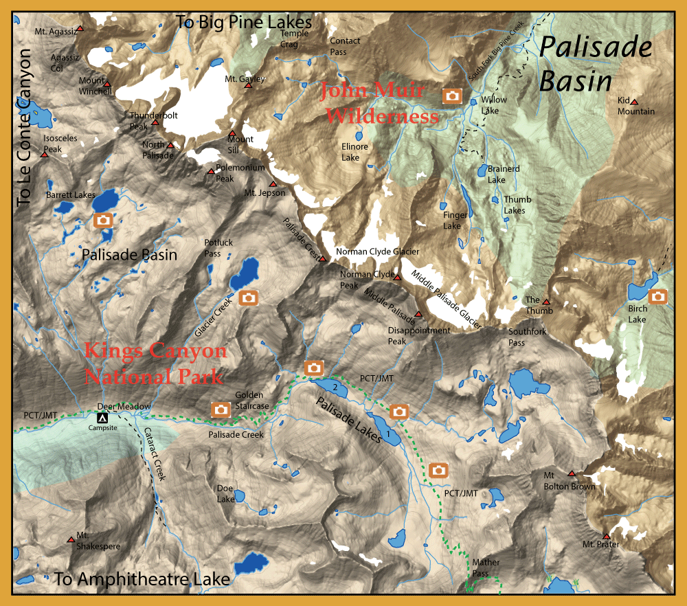 Topographic map of Kings Canyon National Park showing Palisade Basin, John Muir Wilderness, trails (PCT/JMT), lakes and passes.