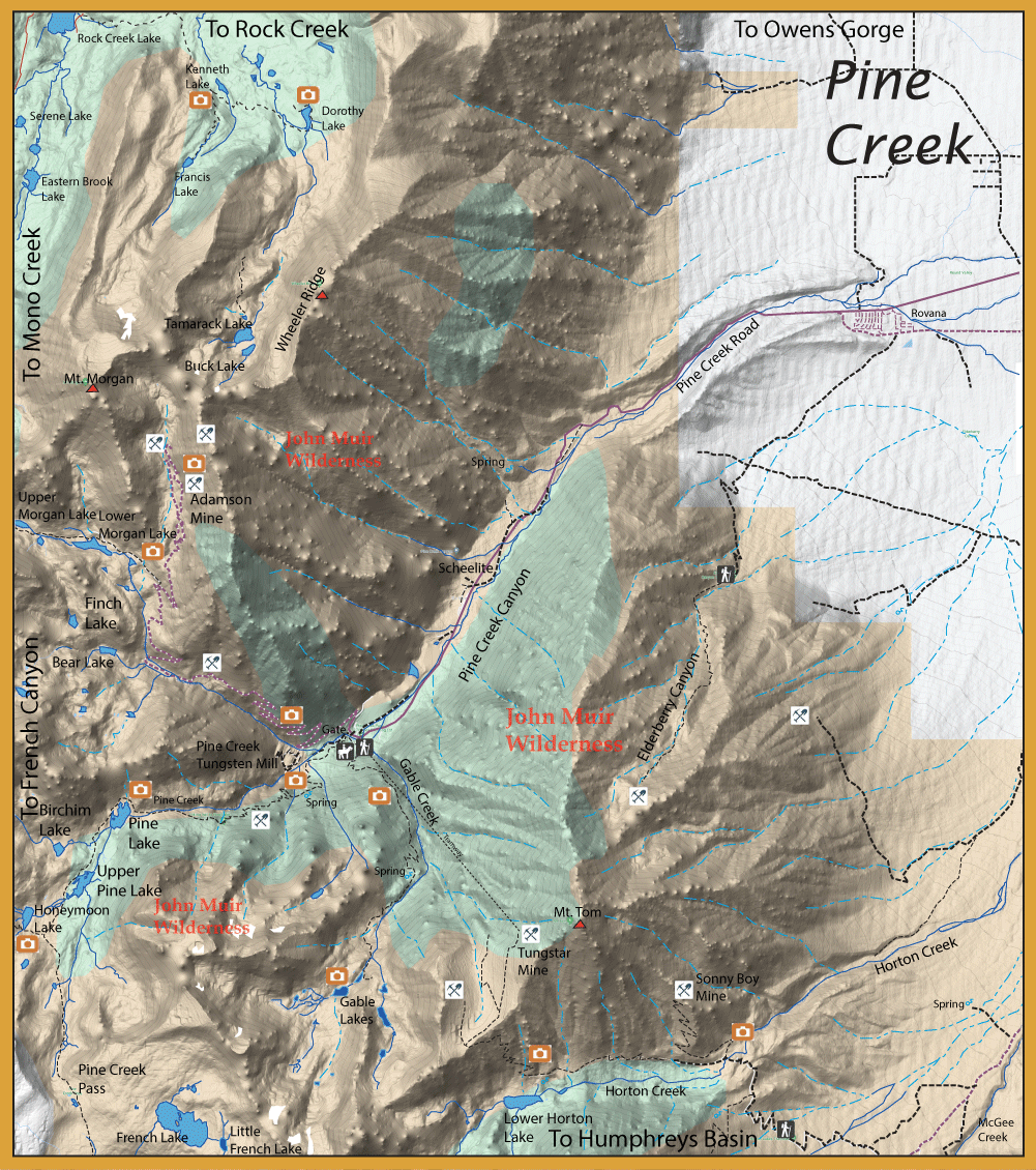 Topographic map of John Muir Wilderness showing Pine Creek Canyon, surrounding lakes, trails, and roads