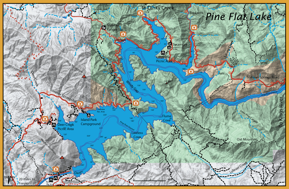 Map of Pine Flat Lake area showing surrounding trails, roads, and campgrounds with icons for points of interest.