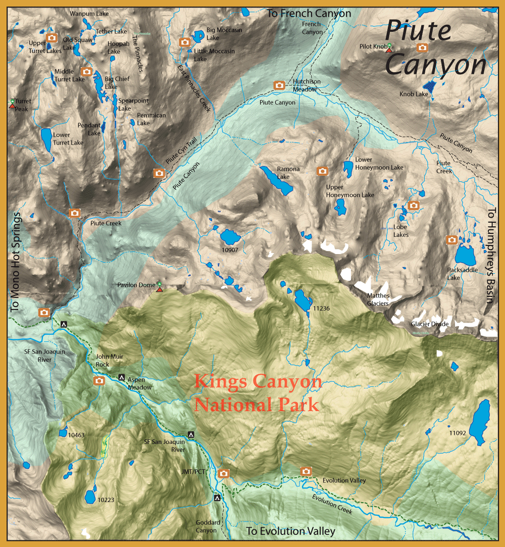 Topographic map of Kings Canyon National Park with rivers, lakes, trails, and photo points marked by orange camera icons; park name in red text at center.