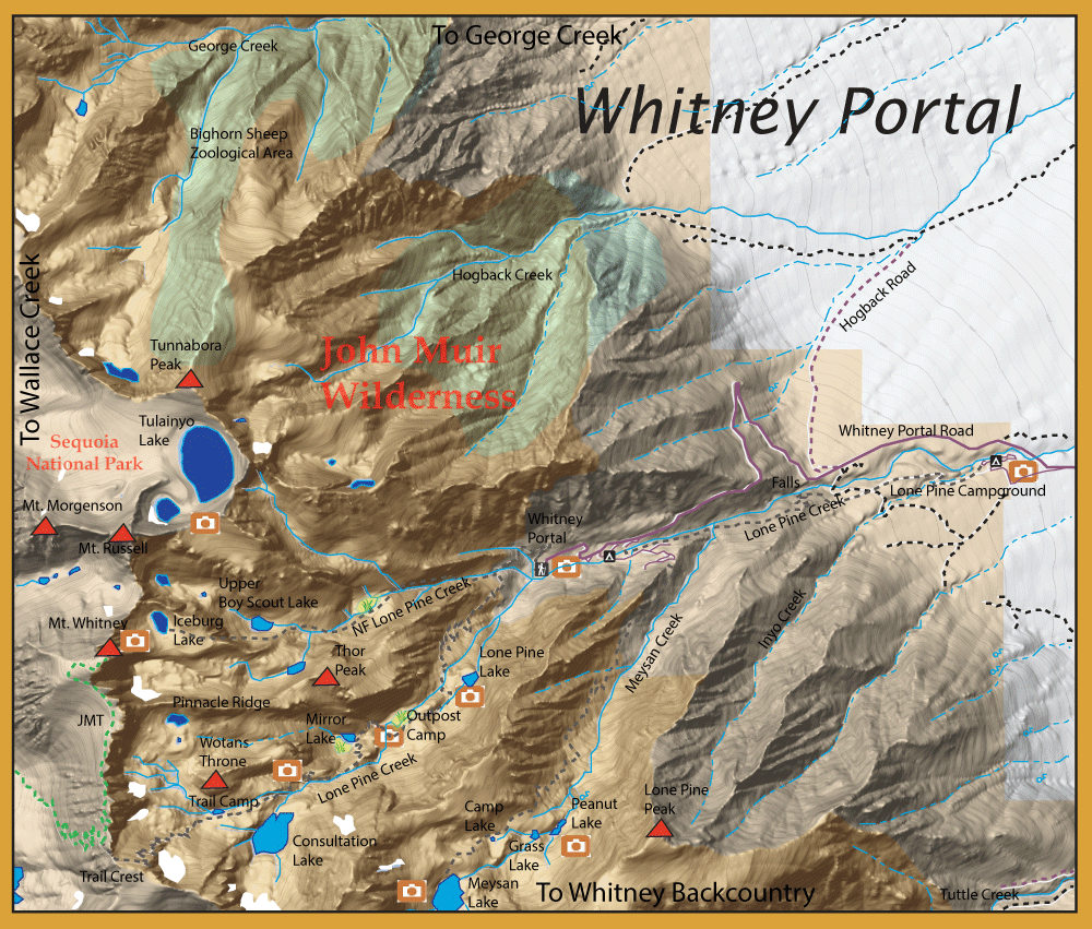 Topographic map of John Muir Wilderness near Whitney Portal, showing peaks (Whitney, Russell), lakes, trails, campsites, and Sequoia National Park boundary.