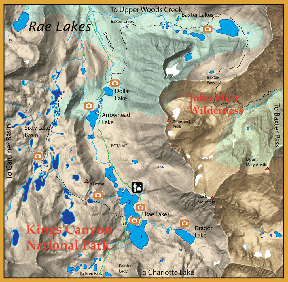 Topographic map of Kings Canyon National Park showing Rae Lakes, John Muir Wilderness, trails, lakes, and peaks.