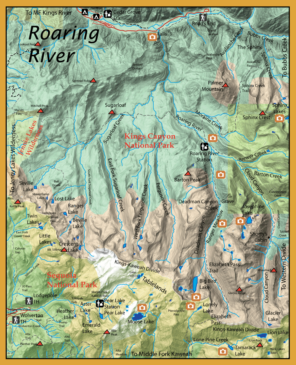 Topographic map of Kings Canyon National Park showing rivers, lakes, trails, and campsite icons where relevant benefits some context I think would be too long to include here.