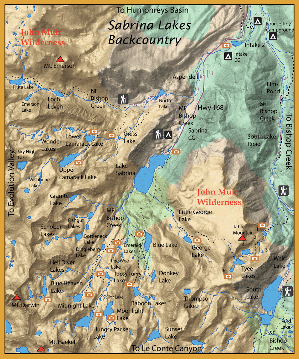 Topographic map of John Muir Wilderness and Sabrina Lakes Backcountry showing alpine lakes, trails, campsites, and access routes with terrain shading and icons marking points of interest.