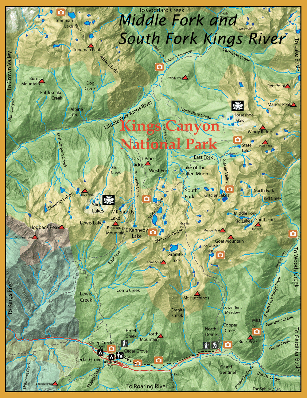 Topographic map of Kings Canyon National Park showing the Middle Fork and South Fork Kings River, lakes, peaks, and trails.