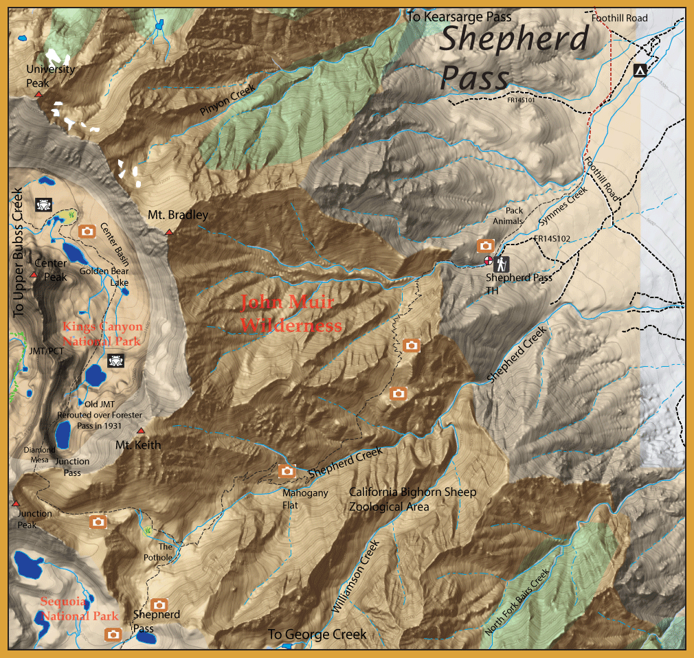 Topographic map of the John Muir Wilderness showing trails, creeks, passes, and surrounding peaks like Shepherd Pass and Kings Canyon/Sequoia areas.