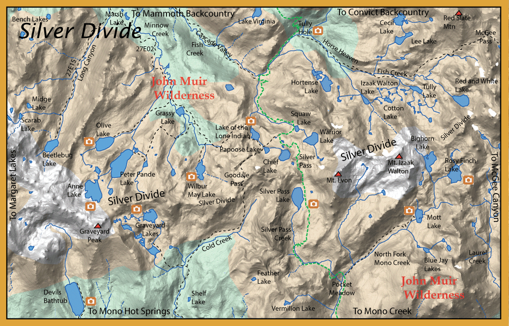 Topographic map of Silver Divide and John Muir Wilderness, showing lakes, trails, and contour lines.