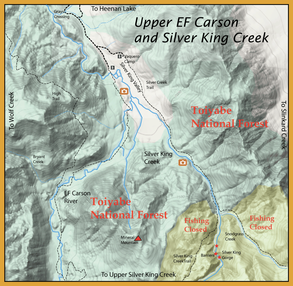 Topographic map of the Toiyabe National Forest area showing Upper EF Carson and Silver King Creek, trails, creeks, and fishing closures along Silver King Gorge near Snodgrass Creek and barriers.