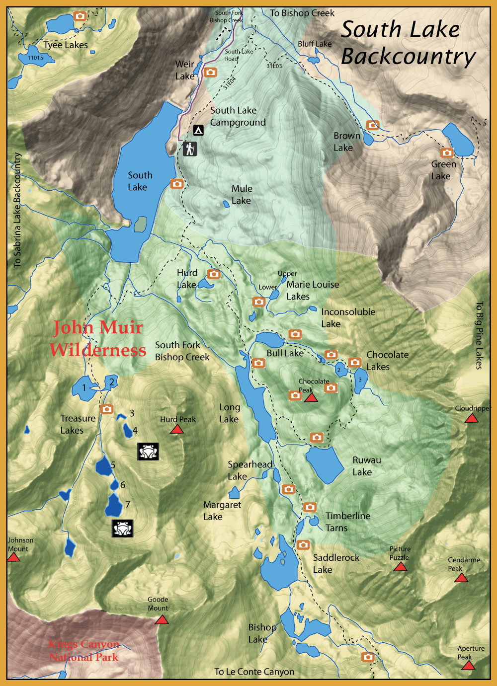 Topographic map of John Muir Wilderness with lakes, trails, and campsite icons around South Lake area