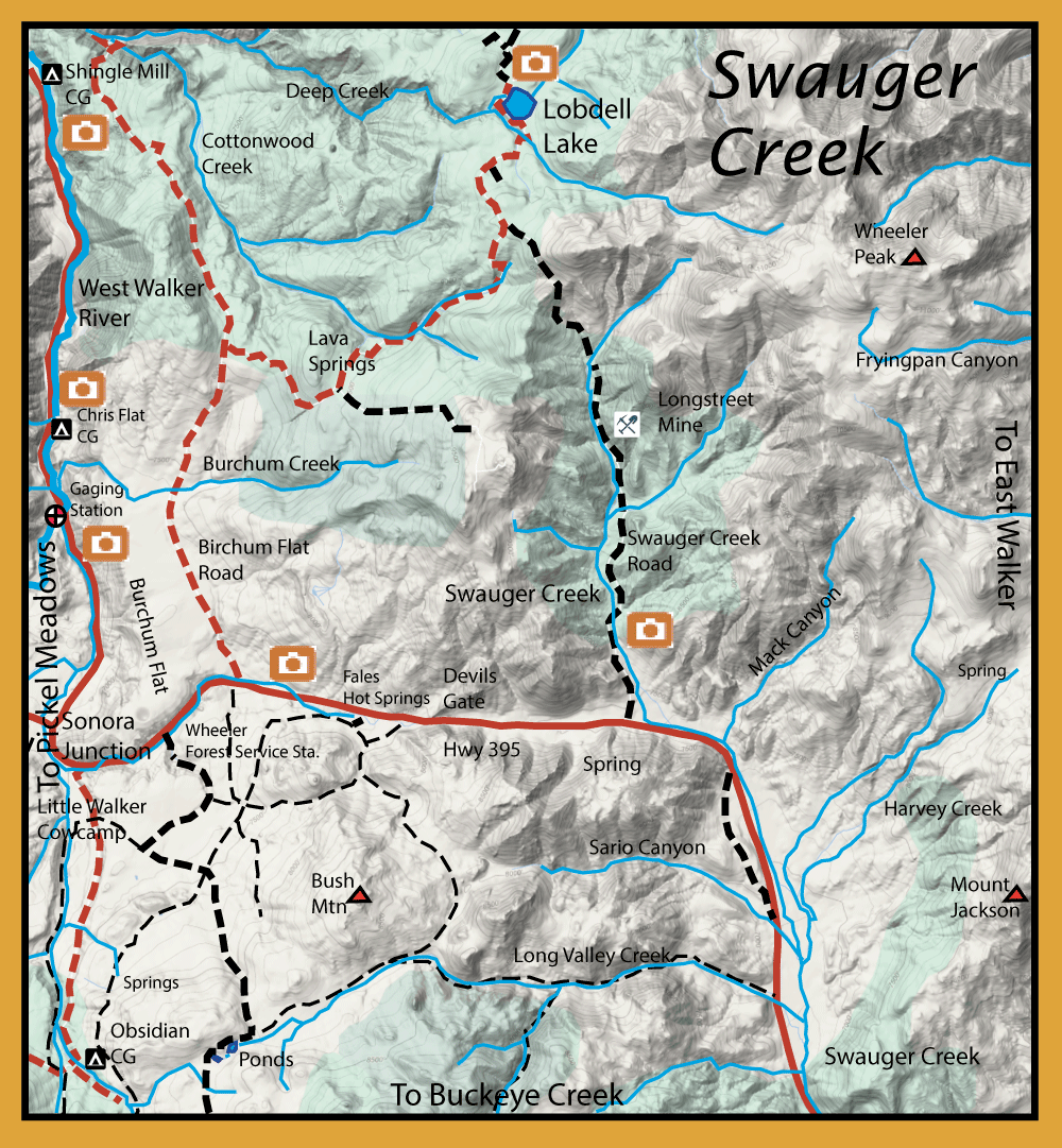 Topographic map of the Swauger Creek area showing blue streams, red and black dashed trails, roads, and landmarks like Longstreet Mine, Sario Canyon, Buckeye Creek, and Wheeler Peak nearby.