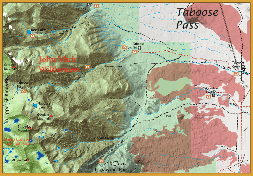 Topographic map of John Muir Wilderness with nearby Kings Canyon National Park, showing trails and creeks near Taboose Pass and surrounding terrain.