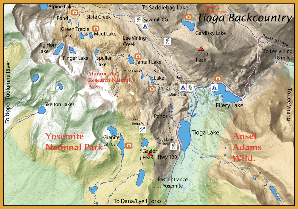 Topographic map of Yosemite National Park and surrounding Tioga Backcountry with lakes, peaks, roads and service icons labeled.