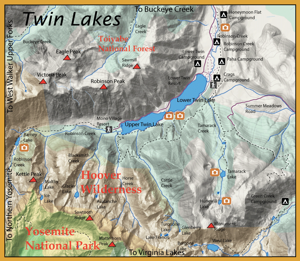 Topographic map of Hoover Wilderness around Twin Lakes, showing Upper and Lower Twin Lake, nearby campgrounds, trails, and creeks.