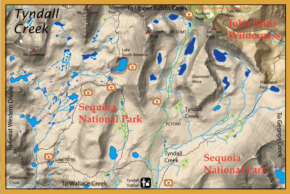 Topographic map of Sequoia National Park with creeks, lakes, trails, and orange camera icons marking viewpoints; includes John Muir Wilderness and surrounding features.