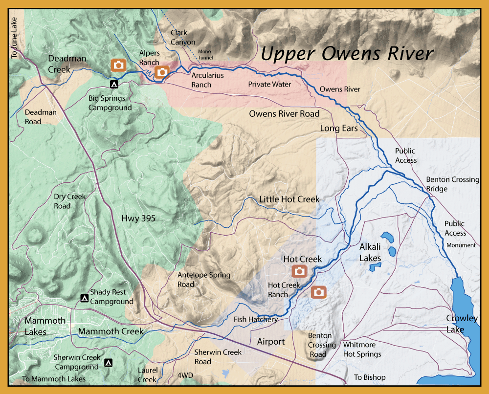 Topographic map of the Upper Owens River area showing roads, lakes, campgrounds, and public access points with shaded relief and orange POI icons nearby campsites and ranches.