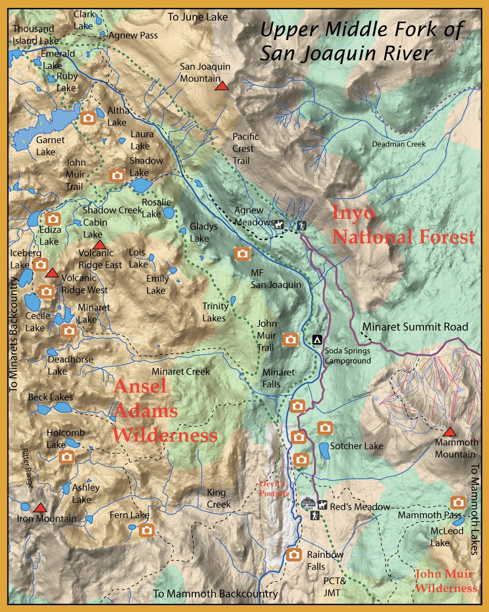 Topographic map of Inyo National Forest and Ansel Adams Wilderness showing lakes, trails, and campgrounds for navigation and planning