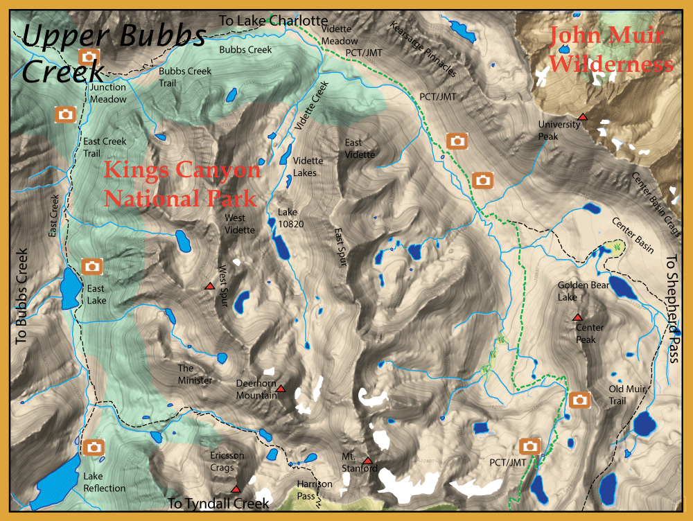 Topographic map of Kings Canyon National Park and John Muir Wilderness showing trails, lakes, and photo viewpoints marked by orange camera icons.