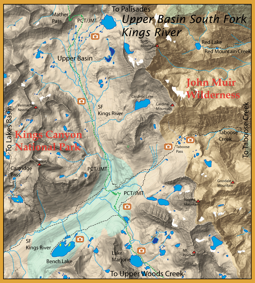Topographic map of Kings Canyon National Park and John Muir Wilderness with trails (PCT/JMT), lakes such as Bench Lake and Cardinal Lake, passes including Taboose Pass, and camera icons marking scenic viewpoints.