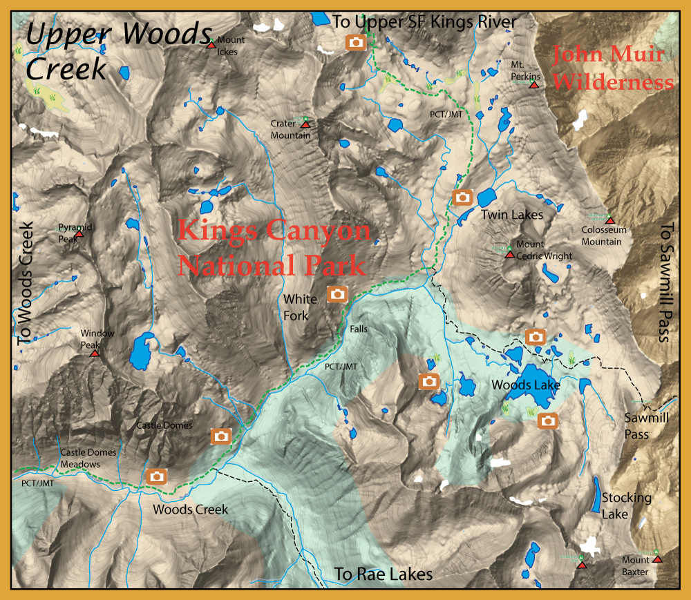 Map of Kings Canyon National Park showing trails, lakes, and peaks with John Muir Wilderness to the east and Rae Lakes to the south; camera icons mark viewpoints.
