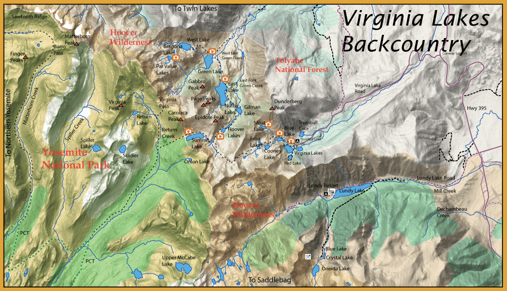 Topographic map of the Virginia Lakes Backcountry showing Hoover Wilderness, surrounding lakes, trails, and roads with color‑coded terrain.