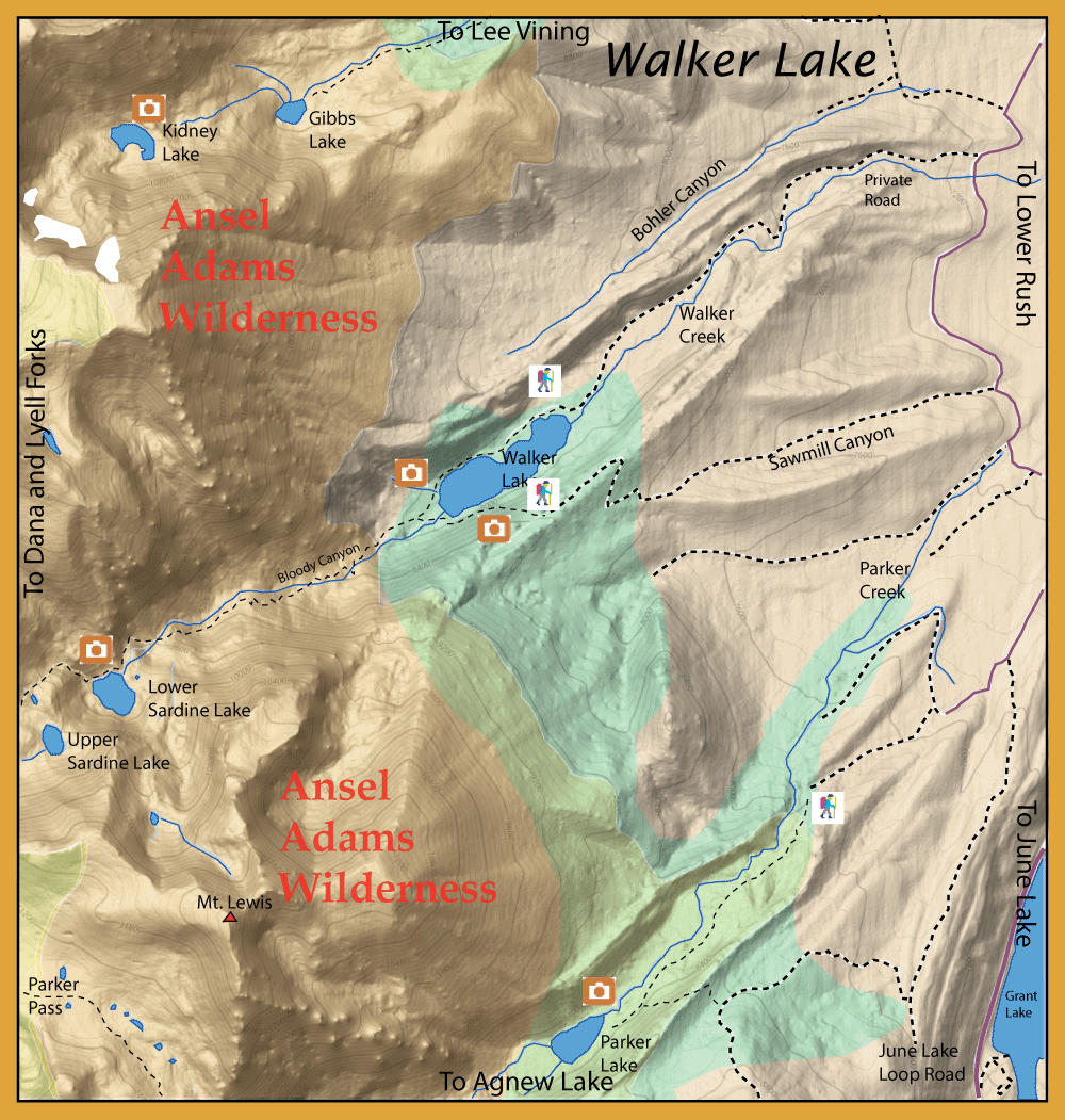 Topographic map of Ansel Adams Wilderness showing Walker Lake, Sardine Lakes, canyons, trails, and camera viewpoints.