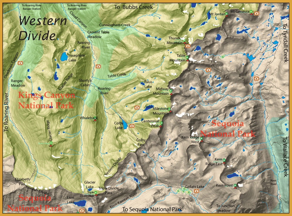 Topographic map of Kings Canyon and Sequoia National Parks in California, showing rivers, lakes, trails, and labeled peaks with green valleys and brown mountains.