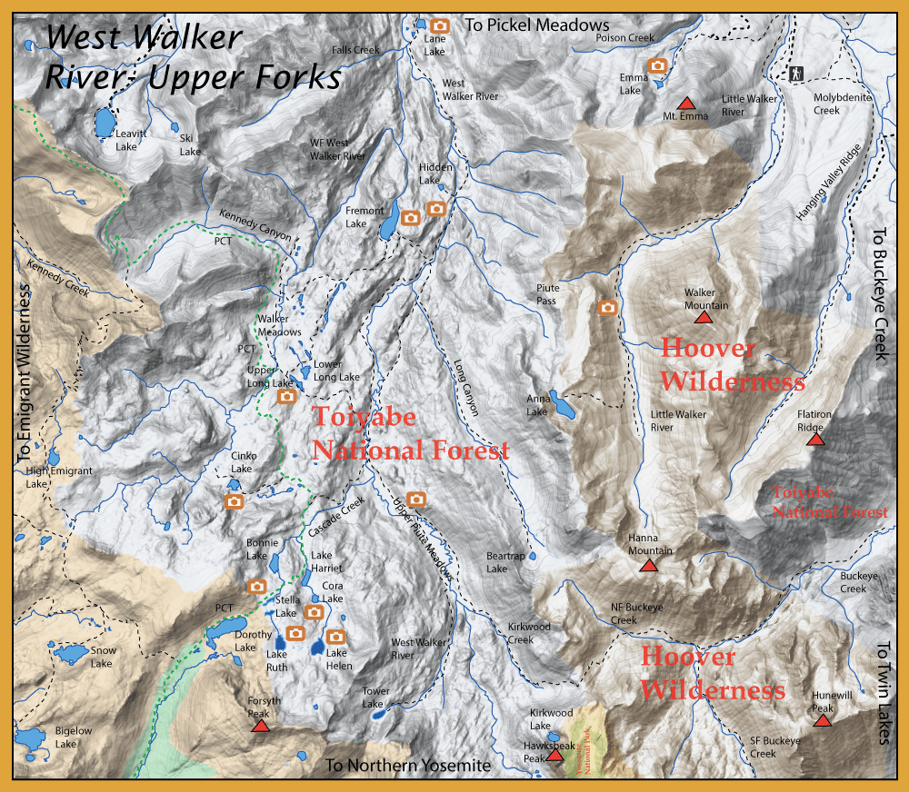Topographic map of Hoover Wilderness in the Toiyabe National Forest, showing lakes, rivers, trails, and marked landmarks.