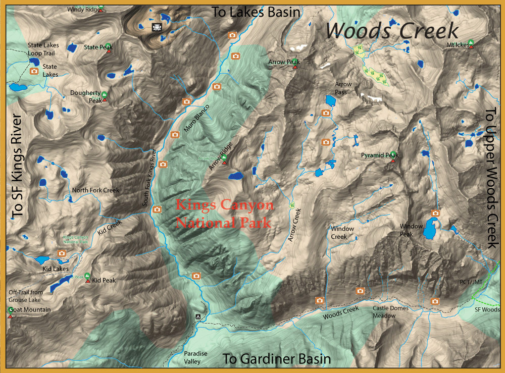 Topographic map centered on Kings Canyon National Park, with blue water features, green basins, and surrounding peaks labeled